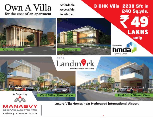 Own a villa for the cost of an apartment at Manasvy BPCR Landmark in Hyderabad